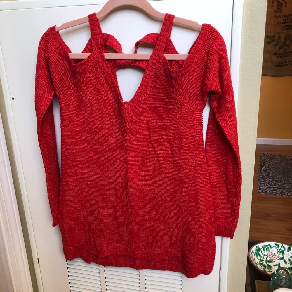 Skies Are Blue Red Cold Shoulder Sweater